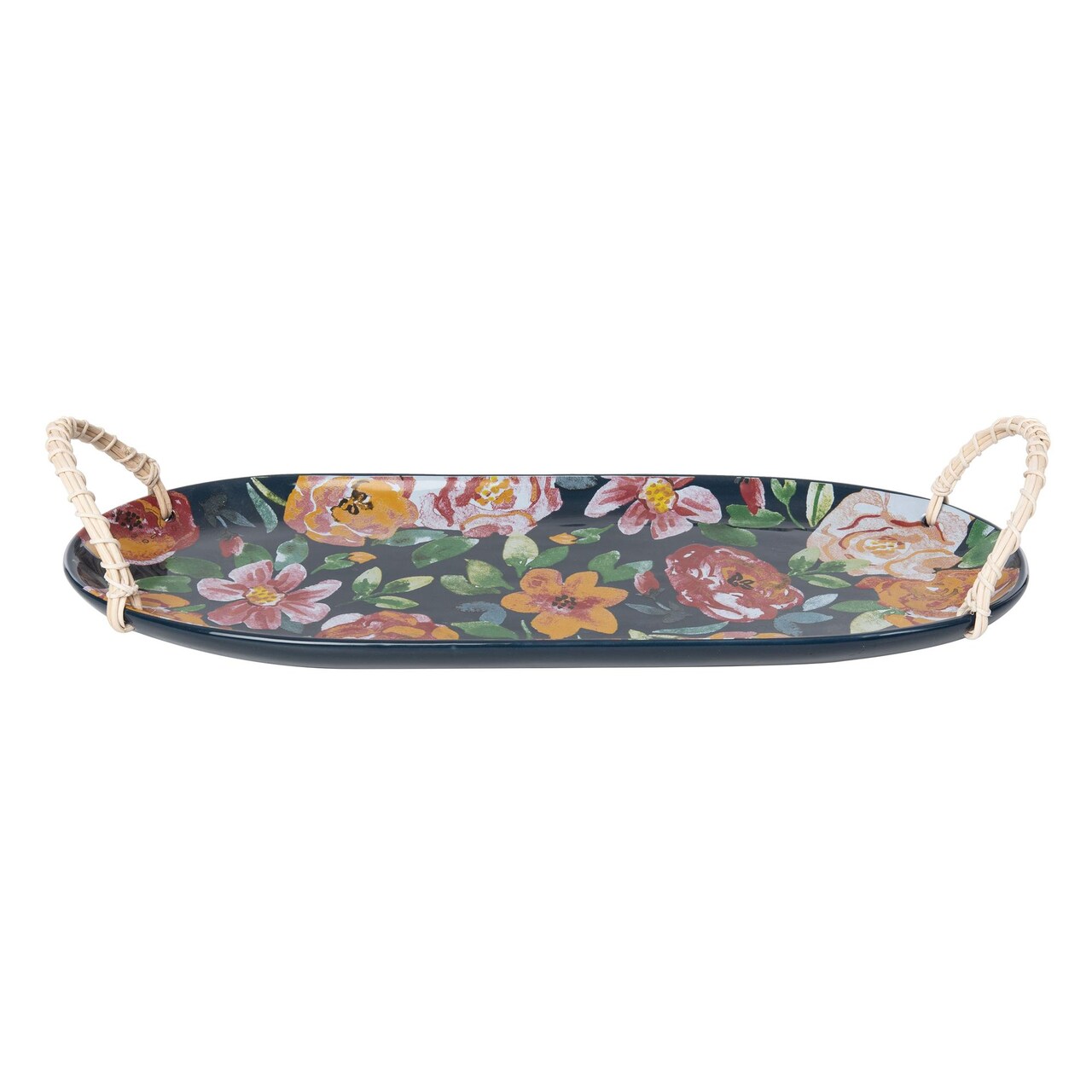 Transpac 16.75 in Ceramic Serving Tray with Wicker Handles Spring Decorative Dolomite Tray and Platter